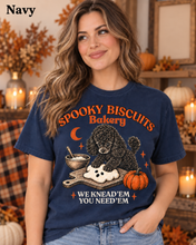 Load image into Gallery viewer, Spooky Biscuits Bakery "We Knead 'Em You Need 'Em" - Black Poodle Pumpkin T-Shirt