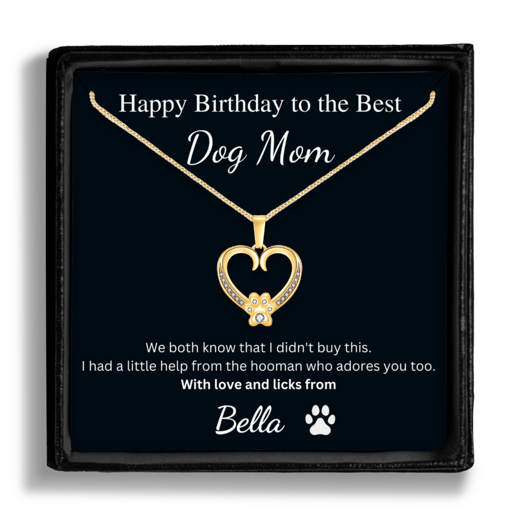 Personalized Gold Paw Heart Necklace - Happy Birthday to the Best Dog Mom