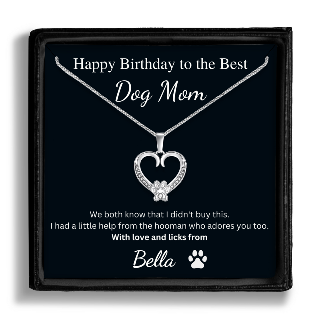 Personalized White Gold Paw Heart Necklace - Happy Birthday to the Best Dog Mom