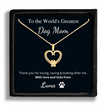 Load image into Gallery viewer, Personalized Gold Paw Heart Necklace - World&#39;s Greatest Dog Mom
