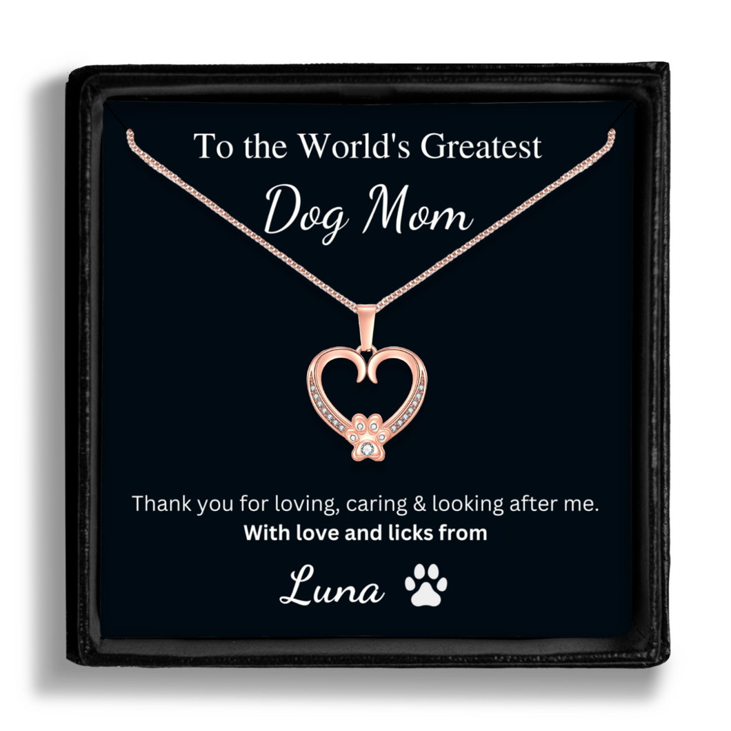 Personalized Rose Gold Paw Heart Necklace - World's Greatest Dog Mom