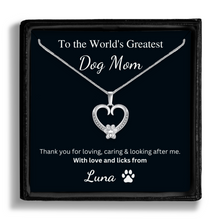 Load image into Gallery viewer, Personalized White Gold Paw Heart Necklace - World&#39;s Greatest Dog Mom

