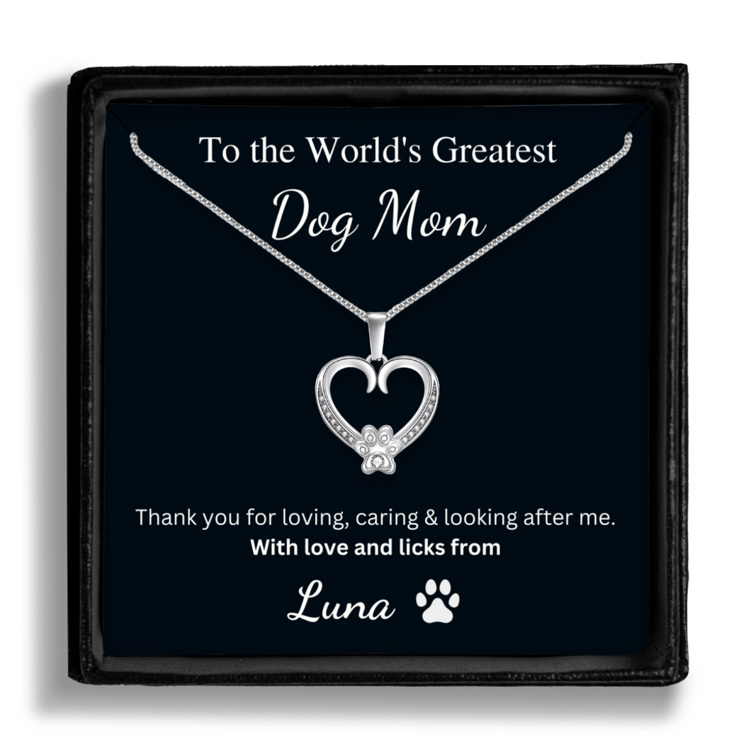 Personalized White Gold Paw Heart Necklace - World's Greatest Dog Mom