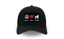 Load image into Gallery viewer, &#39;Peace Love Poodle&#39; 5 Panel Poodle World Cap with Sandwich Peak
