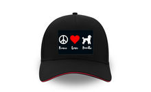 Load image into Gallery viewer, 'Peace Love Poodle' 5 Panel Poodle World Cap with Sandwich Peak