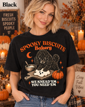 Load image into Gallery viewer, Spooky Biscuits Bakery "We Knead 'Em You Need 'Em" -  Black Poodle Pumpkin T-Shirt
