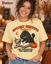 Load image into Gallery viewer, Spooky Biscuits Bakery "We Knead 'Em You Need 'Em" -  Black Poodle Pumpkin T-Shirt
