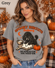 Load image into Gallery viewer, Spooky Biscuits Bakery "We Knead 'Em You Need 'Em" -  Black Poodle Pumpkin Comfort Colors T-Shirt
