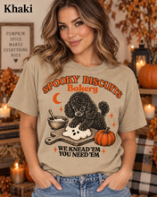 Load image into Gallery viewer, Spooky Biscuits Bakery "We Knead 'Em You Need 'Em" -  Black Poodle Pumpkin T-Shirt
