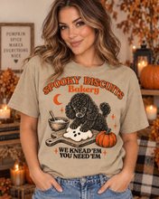 Load image into Gallery viewer, Spooky Biscuits Bakery "We Knead 'Em You Need 'Em" -  Black Poodle Pumpkin T-Shirt
