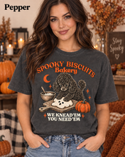 Load image into Gallery viewer, Spooky Biscuits Bakery "We Knead 'Em You Need 'Em" -  Black Poodle Pumpkin T-Shirt
