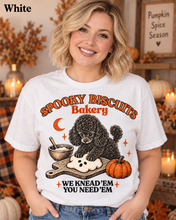 Load image into Gallery viewer, Spooky Biscuits Bakery "We Knead 'Em You Need 'Em" -  Black Poodle Pumpkin T-Shirt
