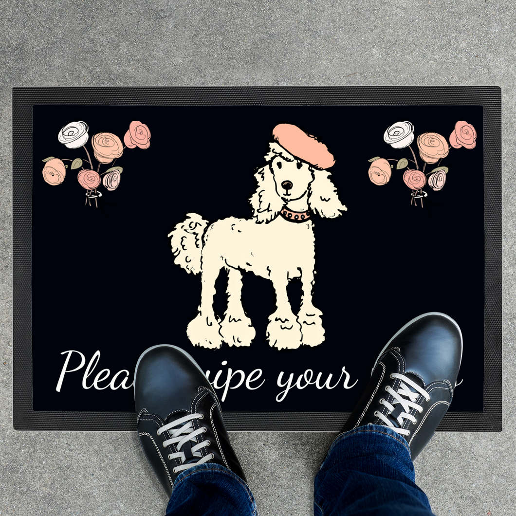 French Poodle Black Door Mat Rug - 'Please Wipe Your Paws'