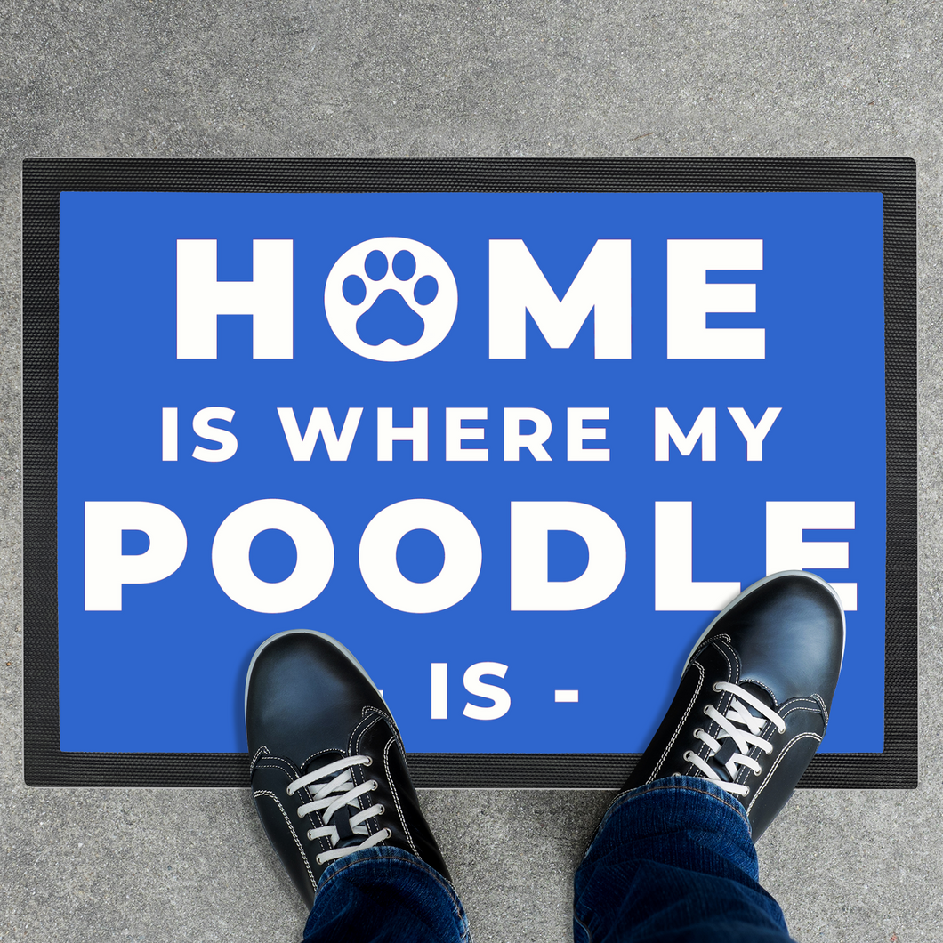 'Home Is Where My Poodle Is' Blue Door Mat by Poodle World