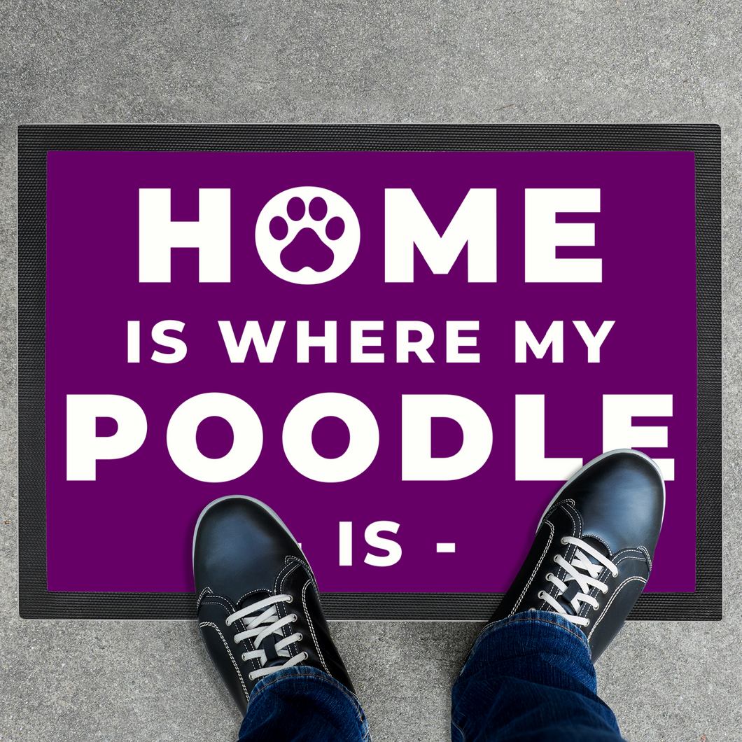 'Home Is Where My Poodle Is' Purple Door Mat by Poodle World