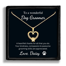 Load image into Gallery viewer, Personalized Gold Paw Heart Necklace - To a Wonderful Dog Groomer
