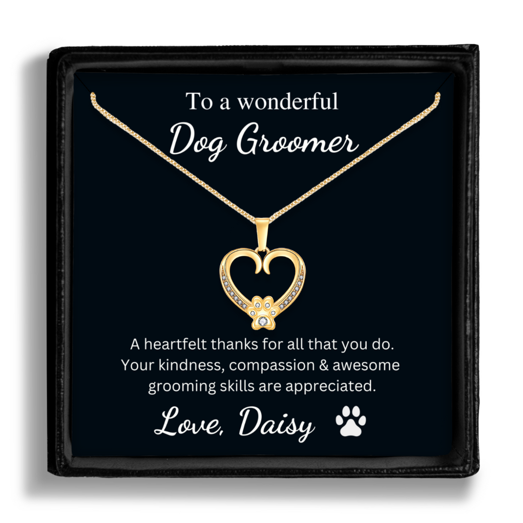 Personalized Gold Paw Heart Necklace - To a Wonderful Dog Groomer