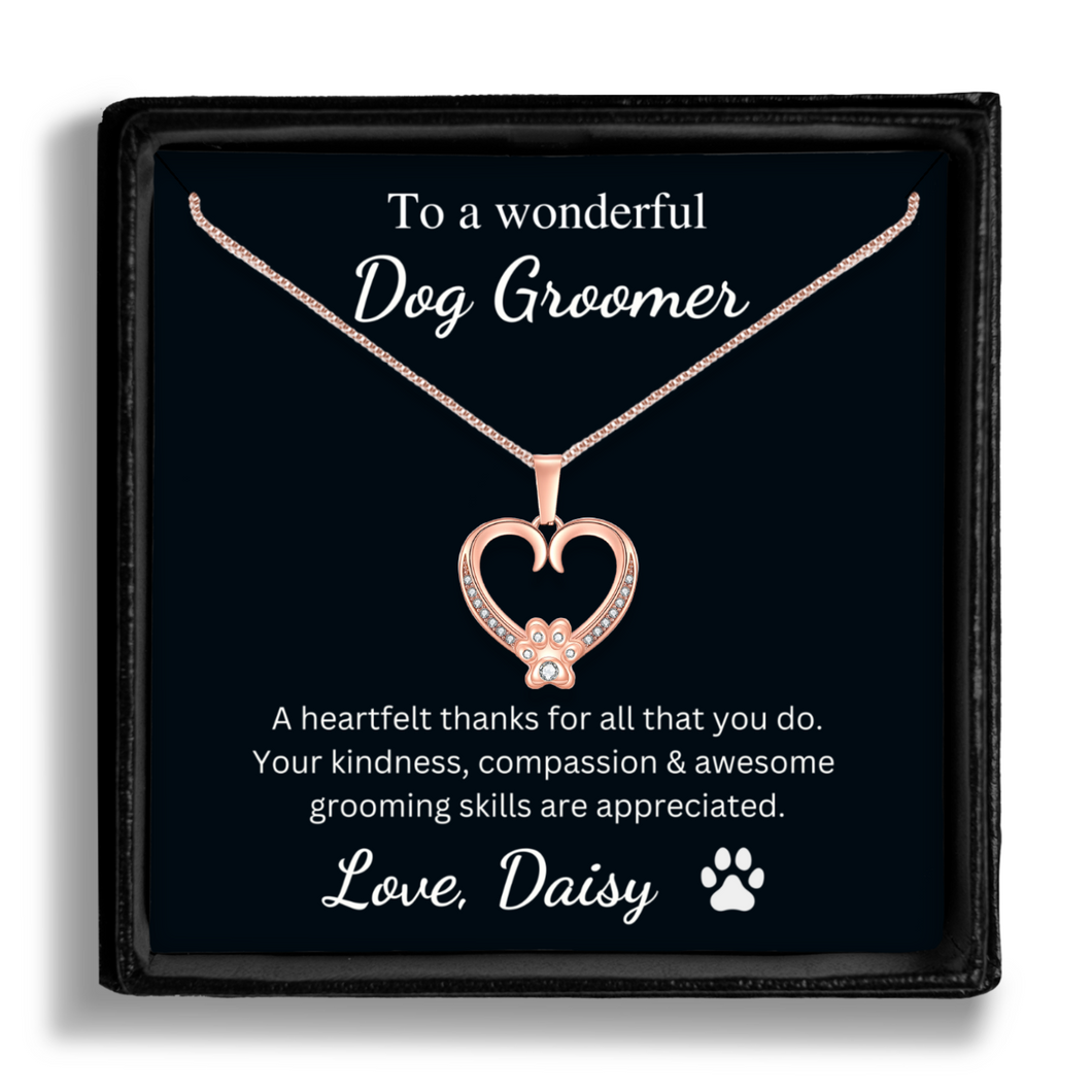 Personalized Rose Gold Paw Heart Necklace - To a Wonderful Dog Groomer