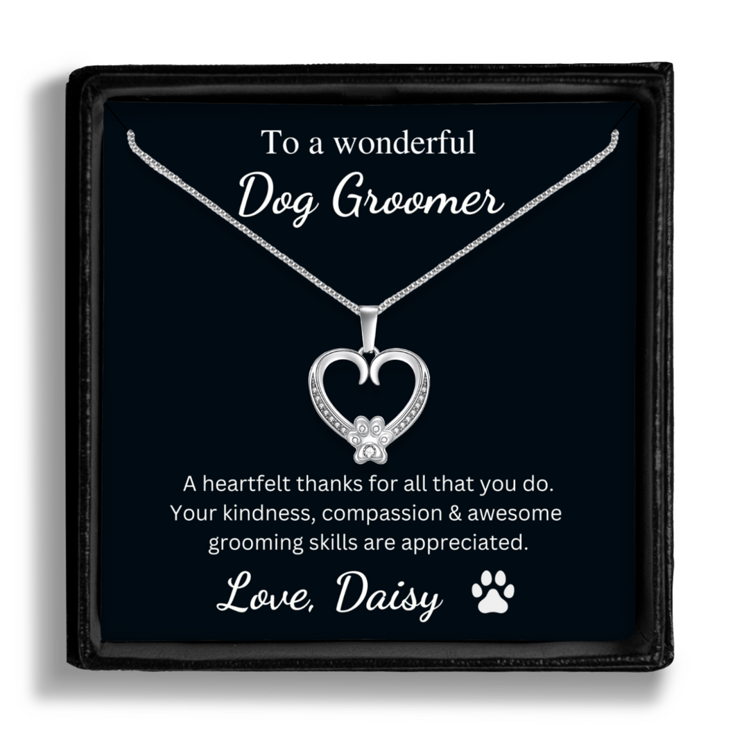 Personalized White Gold Paw Heart Necklace - To a Wonderful Dog Groomer